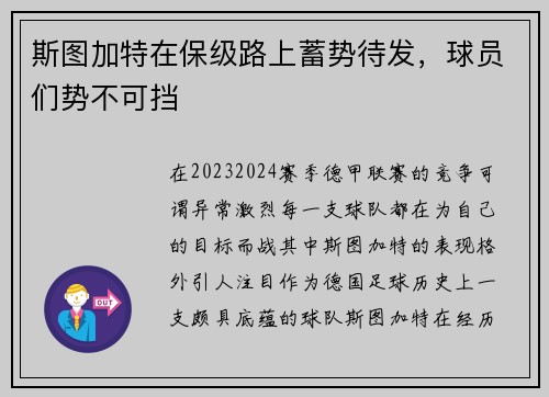 斯图加特在保级路上蓄势待发，球员们势不可挡